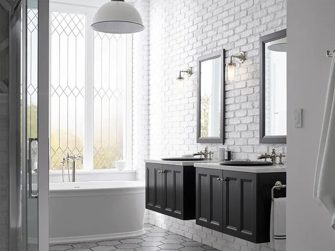 White bathroom with black vanities