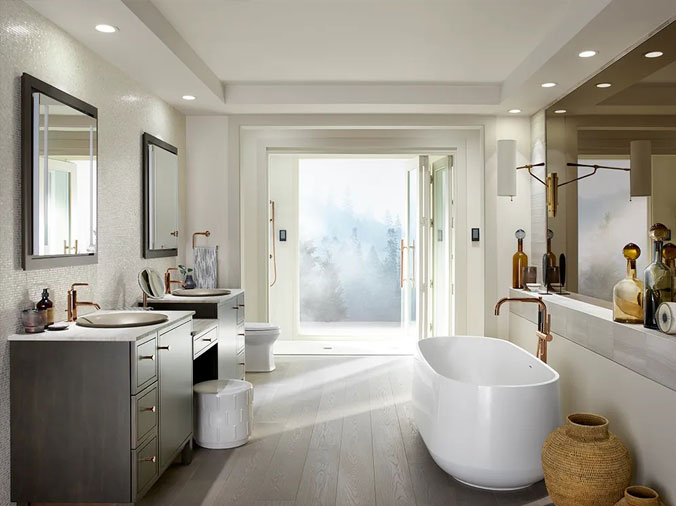 Bathroom with free standing tub and large window