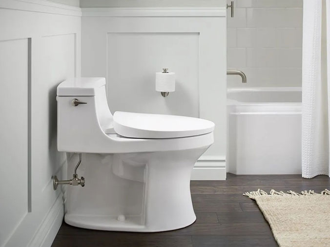 Modern toilet in bathroom with tub in background