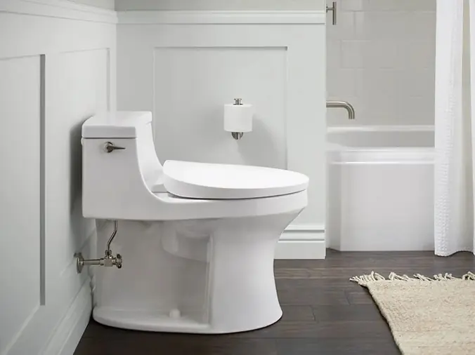 Modern toilet in bathroom with tub in background