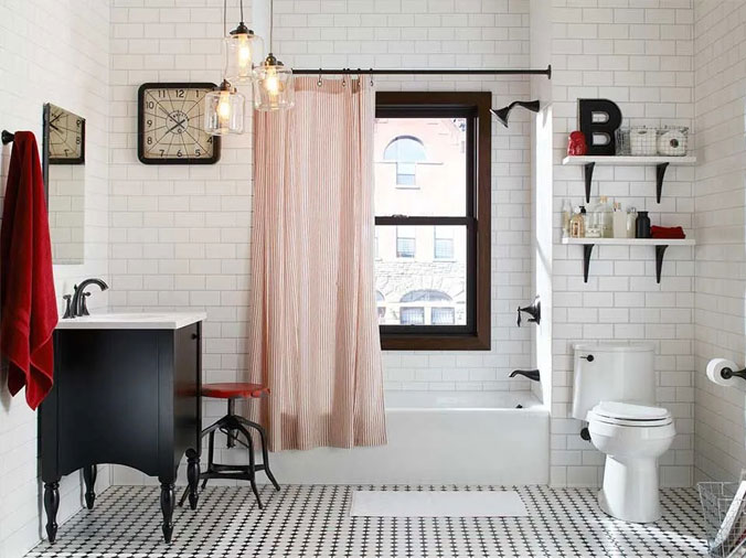 City bathroom with tile floor and walls