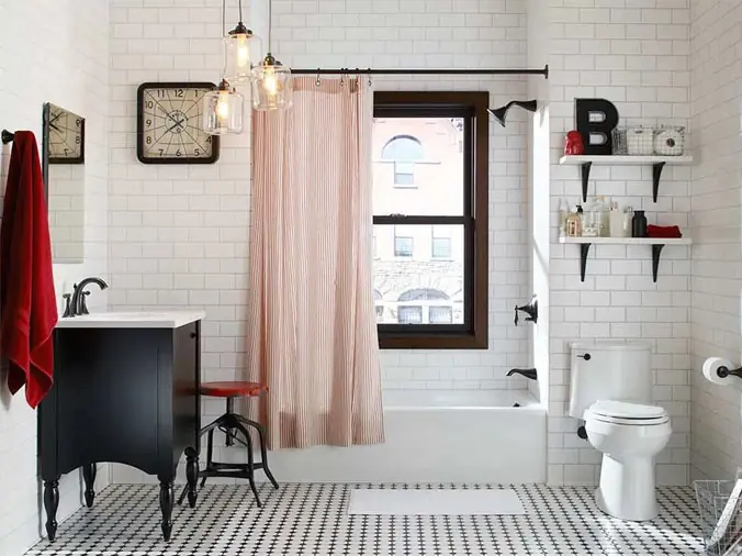 City bathroom with tile floor and walls